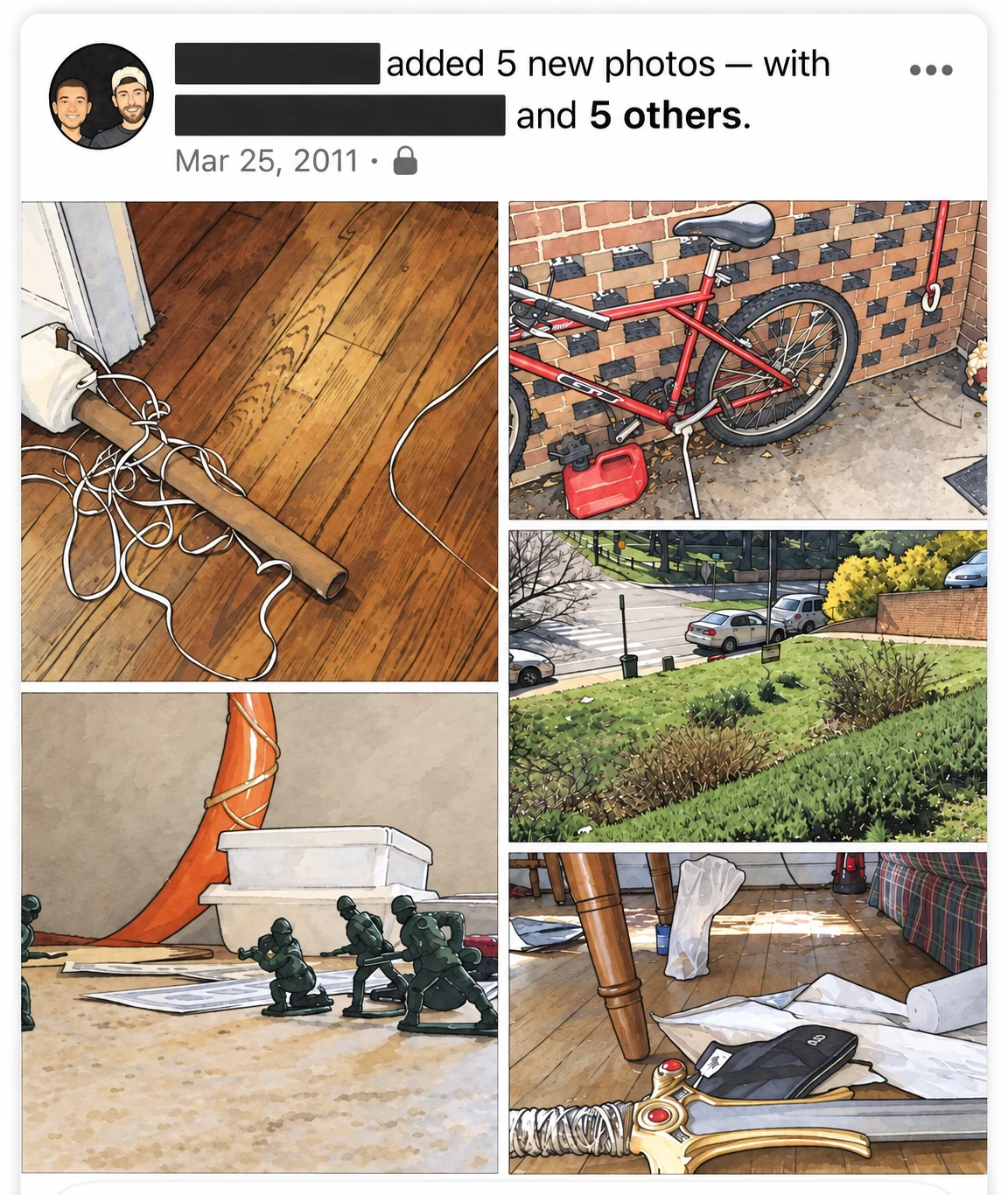 Illustrated Facebook album from March 25, 2011. Names are redacted; five photos can be selected.