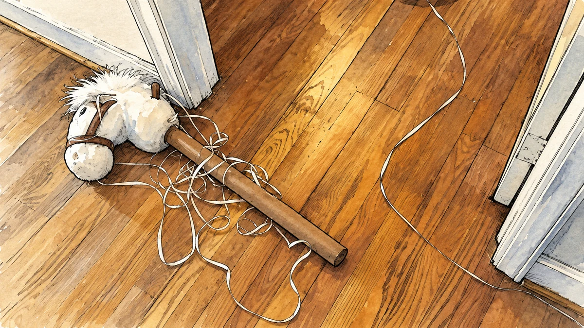 Wooden floorboards, tangled ribbons, and a cardboard tube.