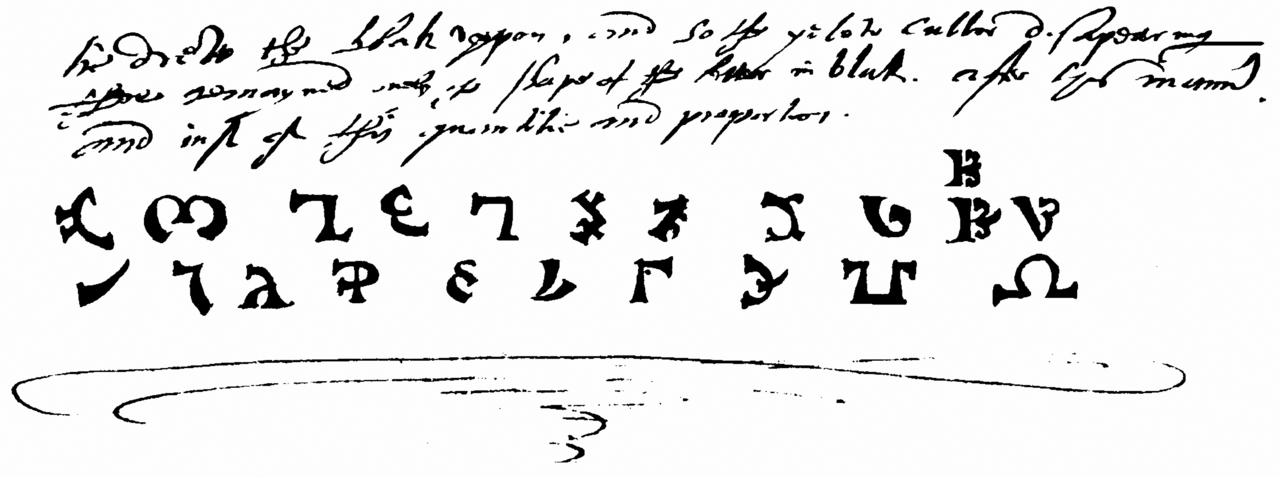 A manuscript page by John Dee showing twenty-one Enochian characters.
