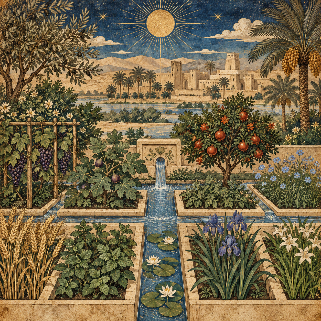 Eight plants and freshwater channels flourish in an illustrated Dilmun.