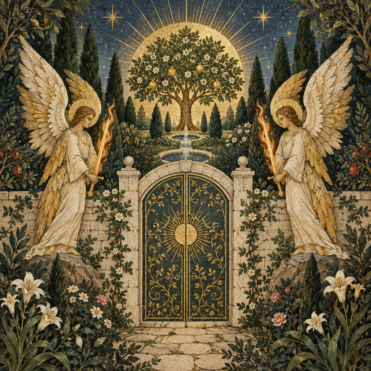 Two cherubim guard a closed gate before the tree of life in an illustrated garden.