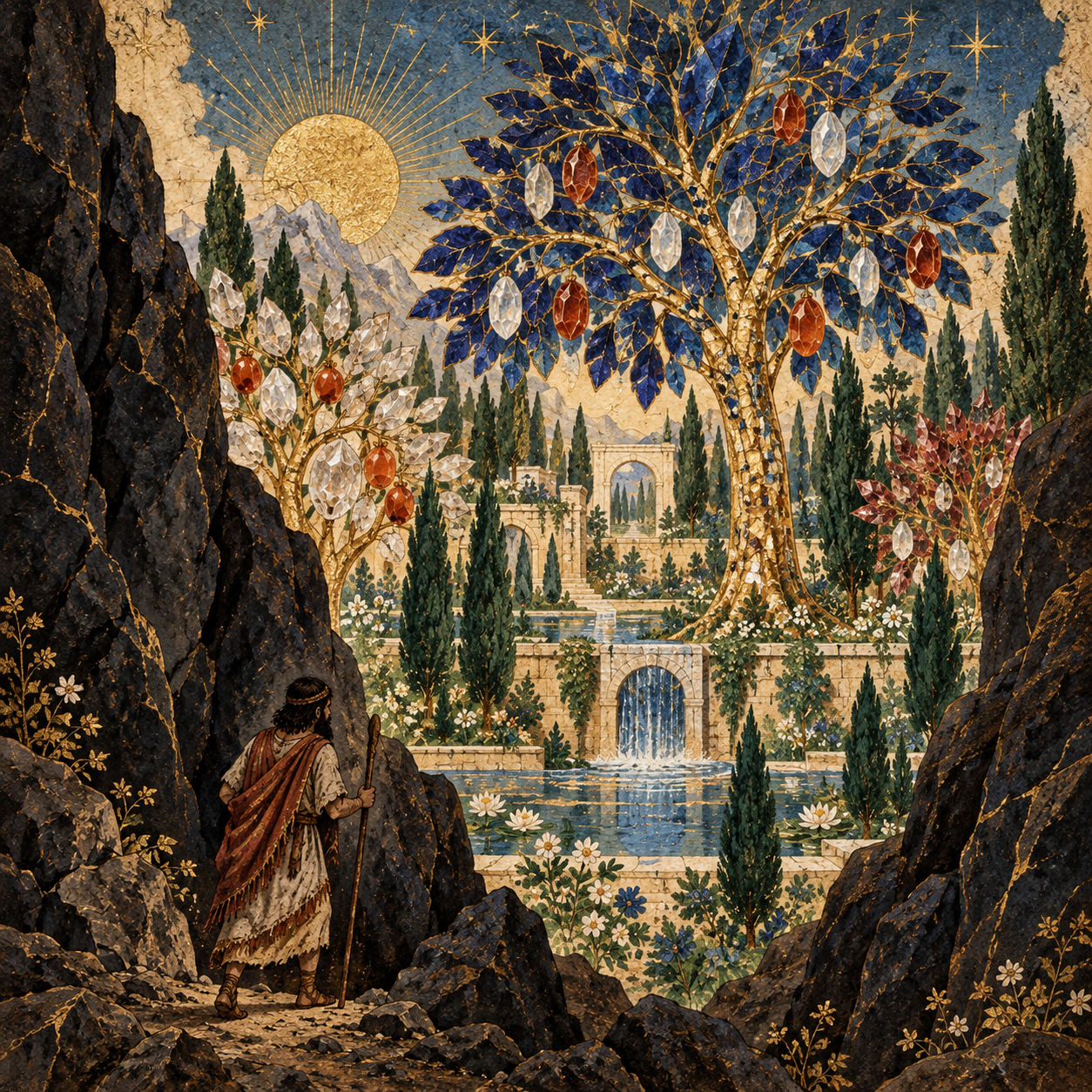 Gilgamesh sees trees with lapis-lazuli leaves and jeweled fruit beyond a mountain passage.