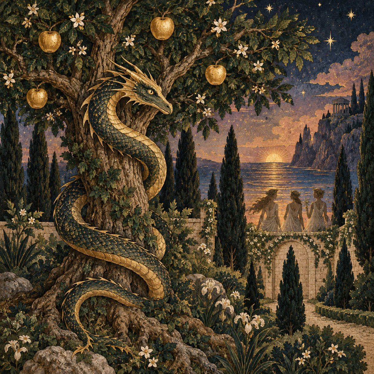 A serpent-dragon watches over golden apples in the Hesperides’ garden at twilight.