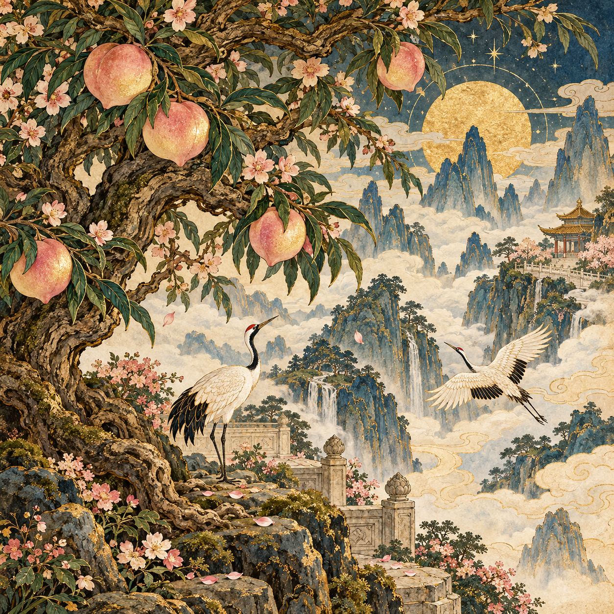 Luminous peaches grow in a celestial orchard above mountains and clouds.
