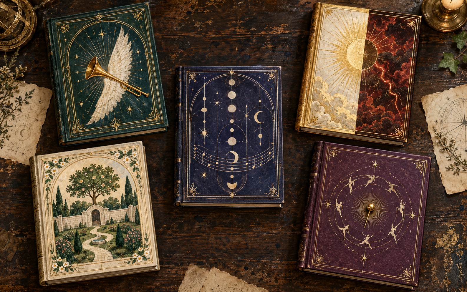 Five illustrated imaginary textbooks on a desk: Gabriel, glory and fury, Enochian, a garden, and angels dancing around a pin.