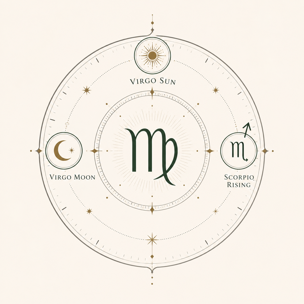 Decorative astrology chart showing a Virgo Sun and Moon with Scorpio rising