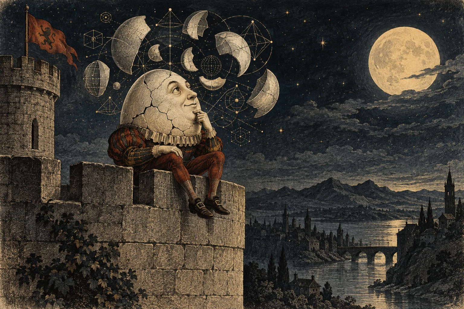 Humpty Dumpty sits on a moonlit battlement, contemplating spherical fragments and geometric figures suspended above him.