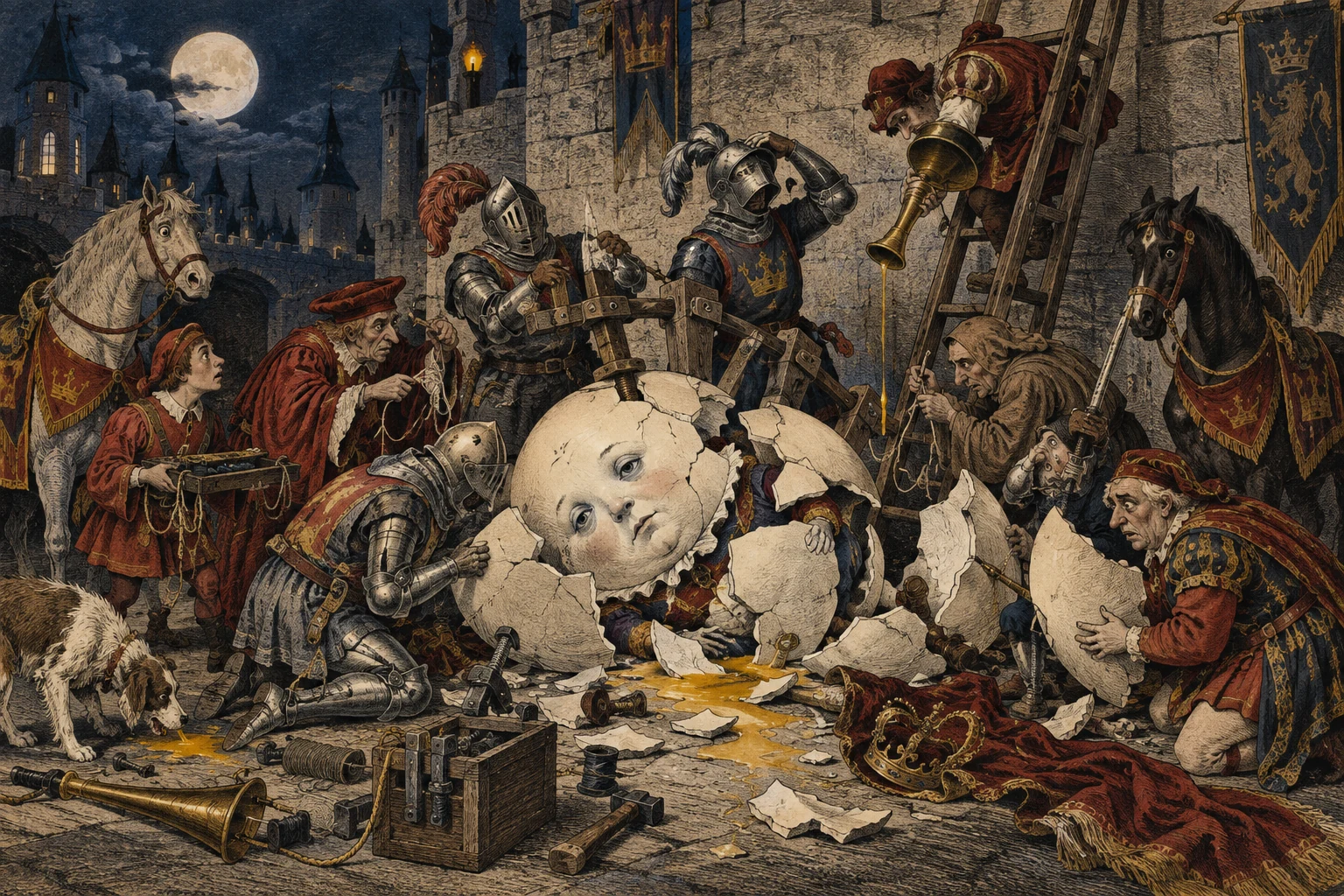 Knights, attendants, and horses clumsily attempt to repair a broken Humpty Dumpty below the castle wall.