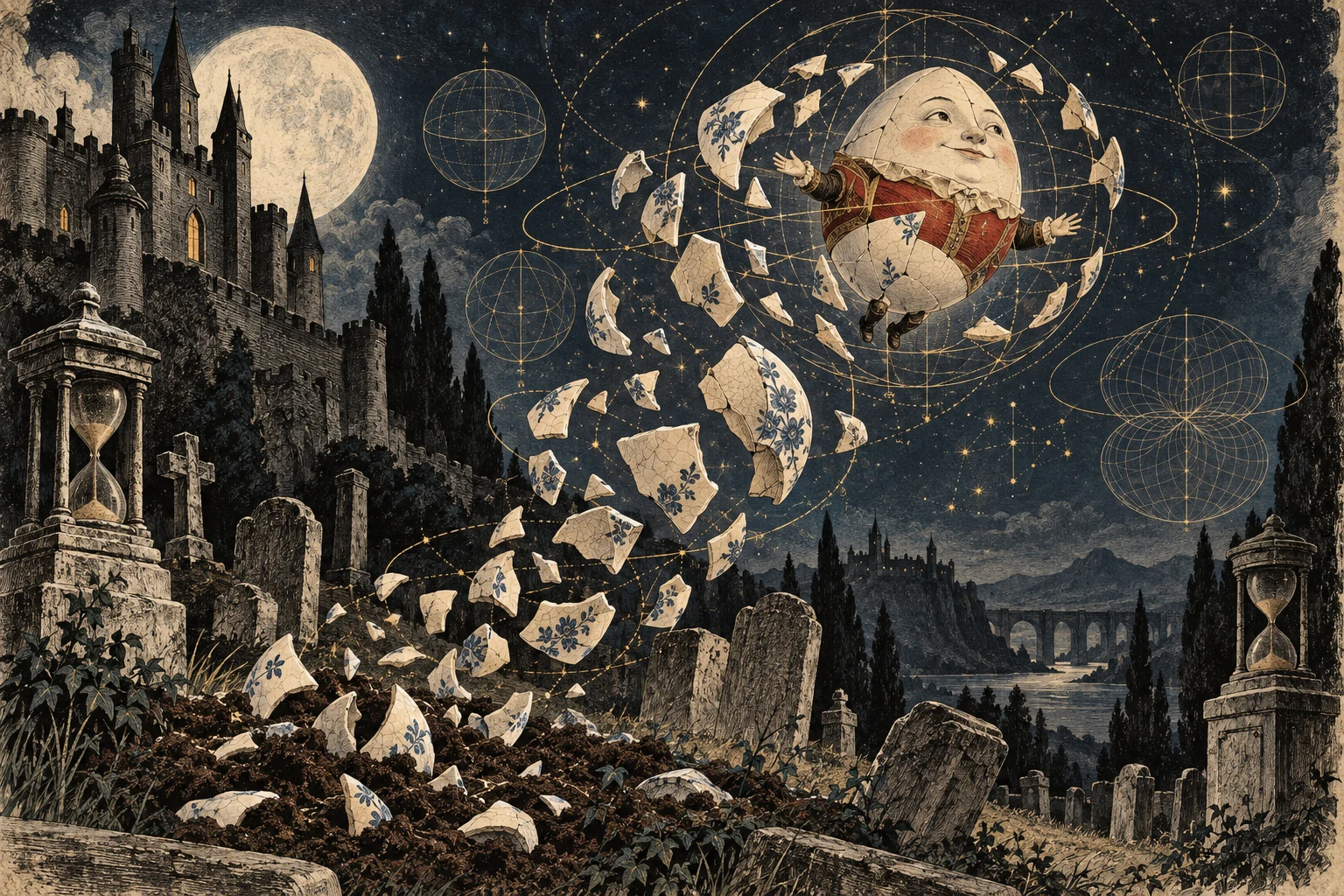 Shell fragments rise from a graveyard and reassemble into Humpty Dumpty amid celestial diagrams.