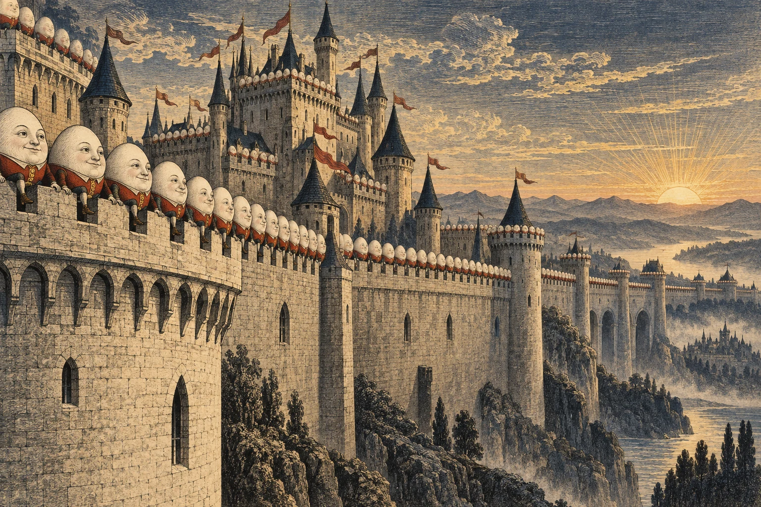Legions of identical Humpty Dumptys line the battlements of a vast castle at dawn.