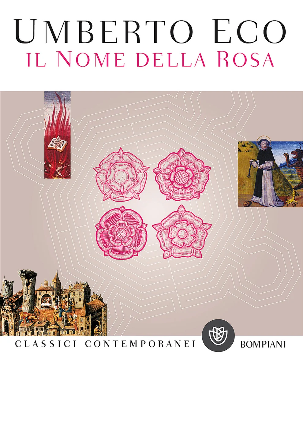Cover of Bompiani’s Il nome della rosa: pink title lettering, heraldic roses, and the outline of a labyrinth.
