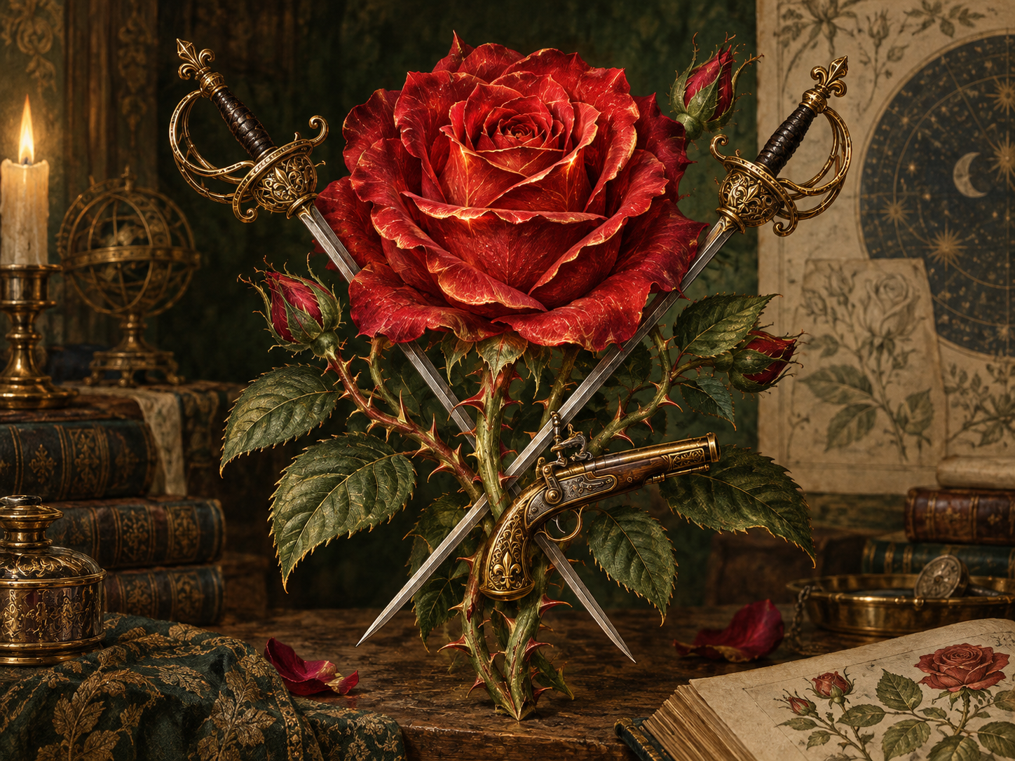 A luminous red rose literally armed with two rapiers and a small antique pistol.