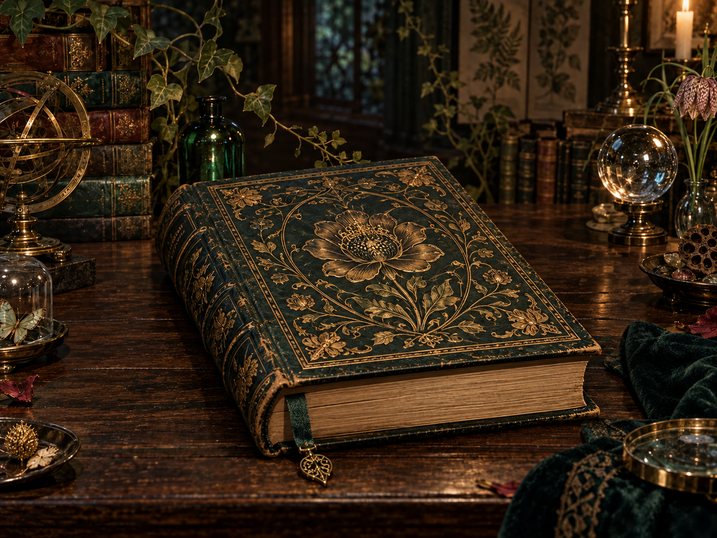 A closed antique botanical encyclopedia bound in dark green leather with gold botanical tooling on a library table.