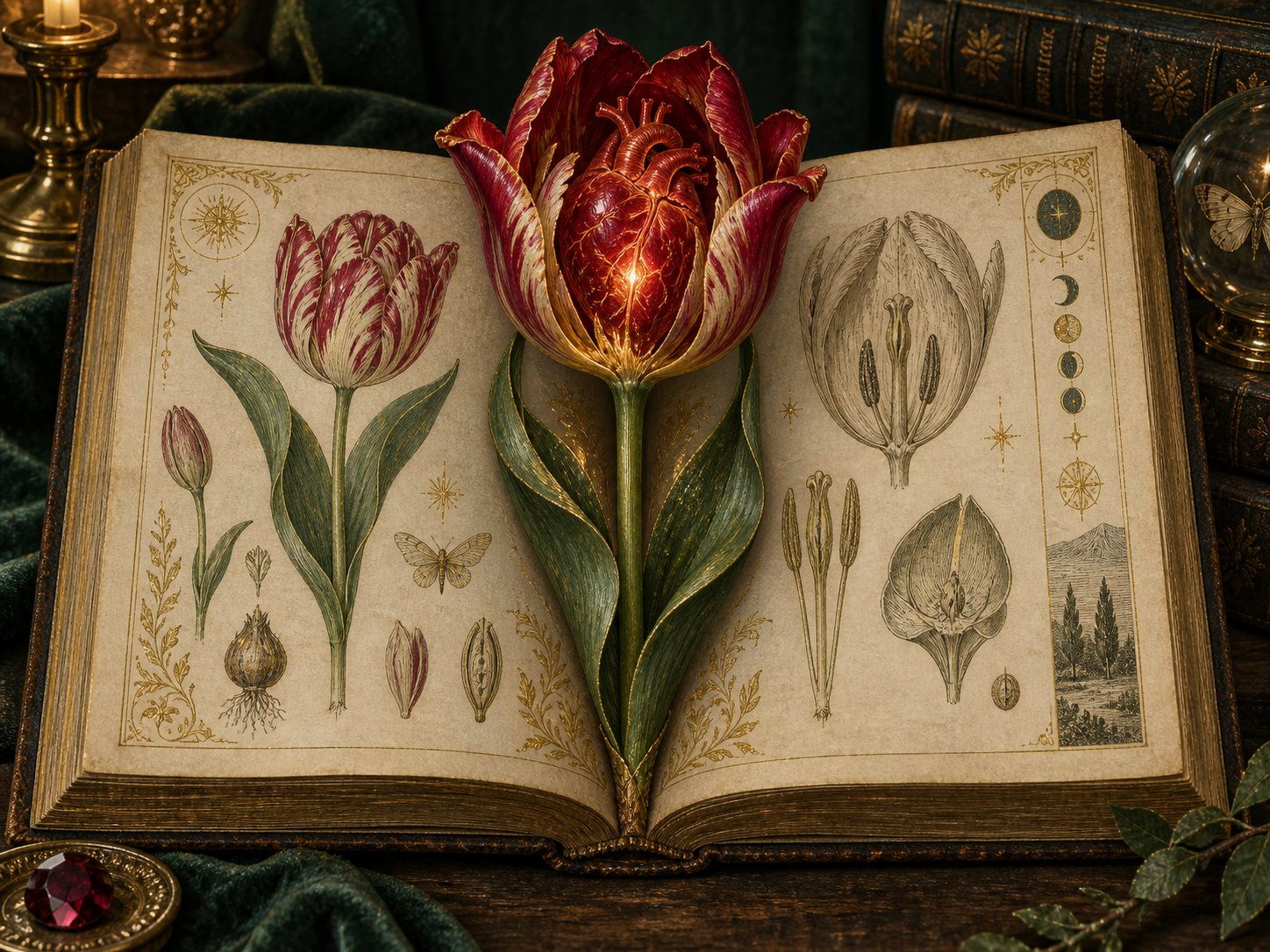 A tulip rising from an open encyclopedia with a luminous garnet heart at its center.