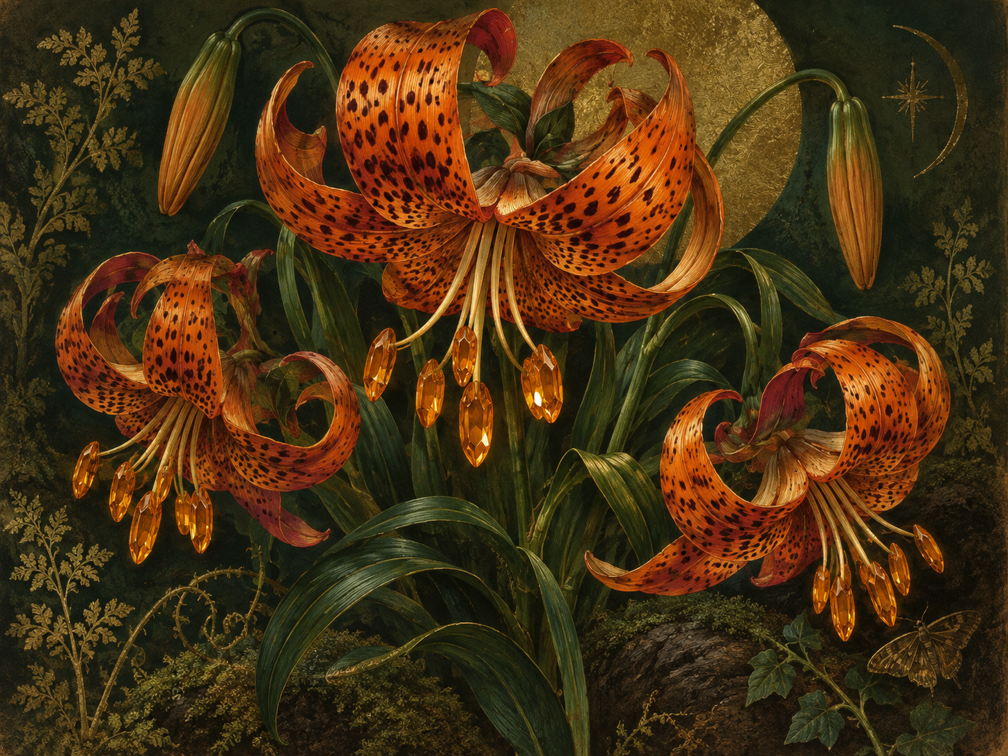 Predatory tiger lilies whose dangling stamen tongues resemble glowing topaz gemstones.