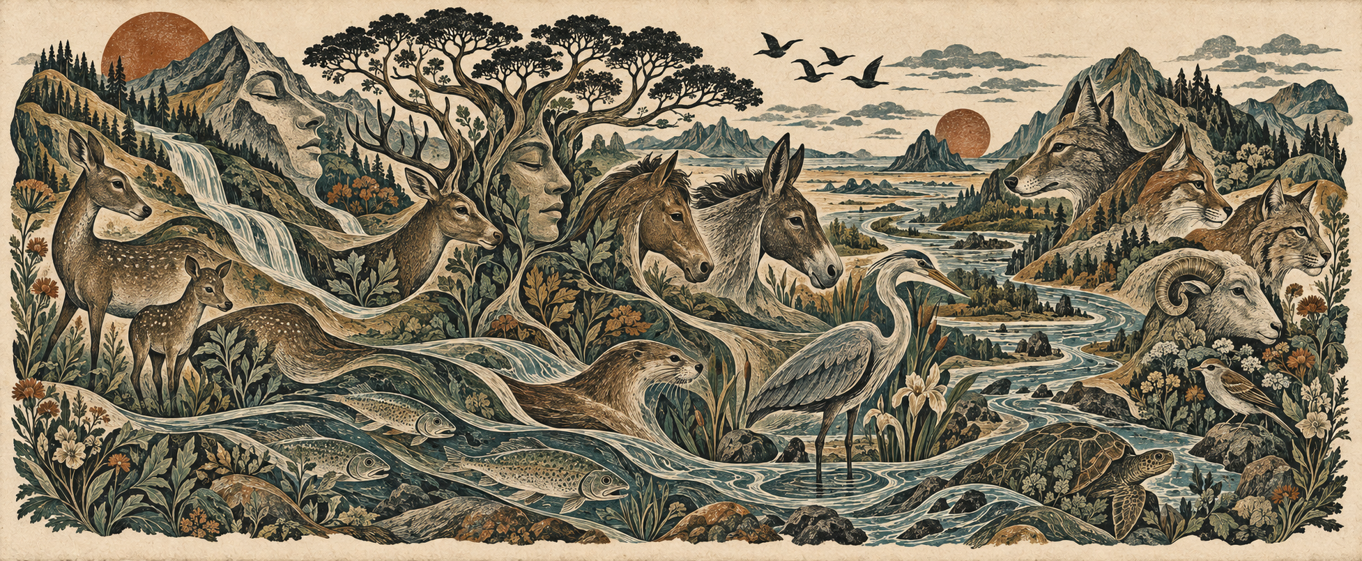A surreal print of a continuous world where landscapes, plants, animals, and faces merge into intermediate forms.