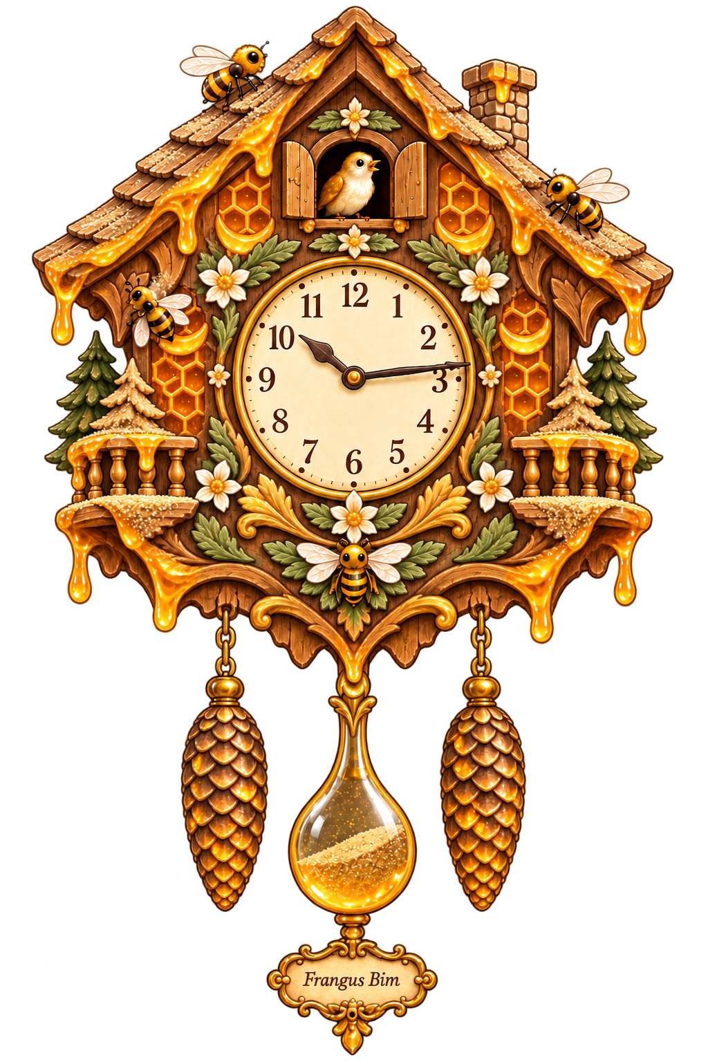 A golden honey-and-sand cuckoo clock with bees, set to 22:14 and signed Frangus Bim