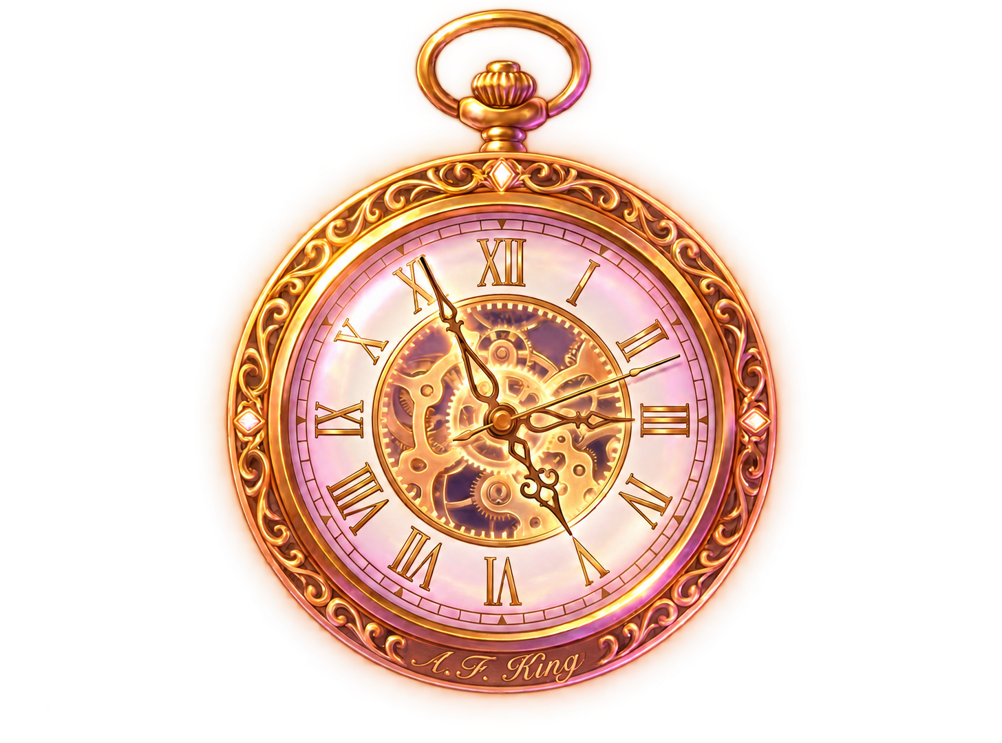 An ornate, luminous golden pocket watch signed A.F. King