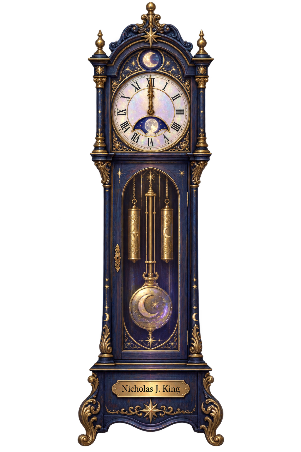 A midnight-blue and gold grandfather clock with lunar details, signed Nicholas J. King