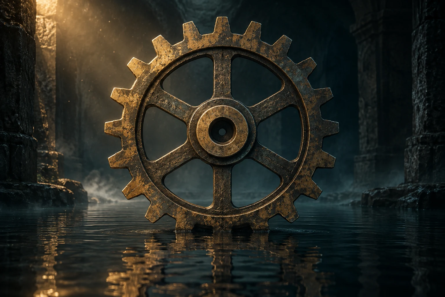 A weathered metal cog seen straight on in a dark stone chamber above the water