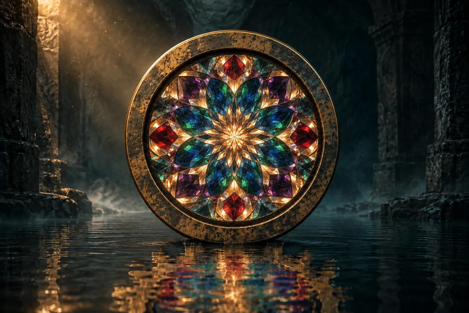A luminous straight-on view into a kaleidoscope aligned with the same central circle