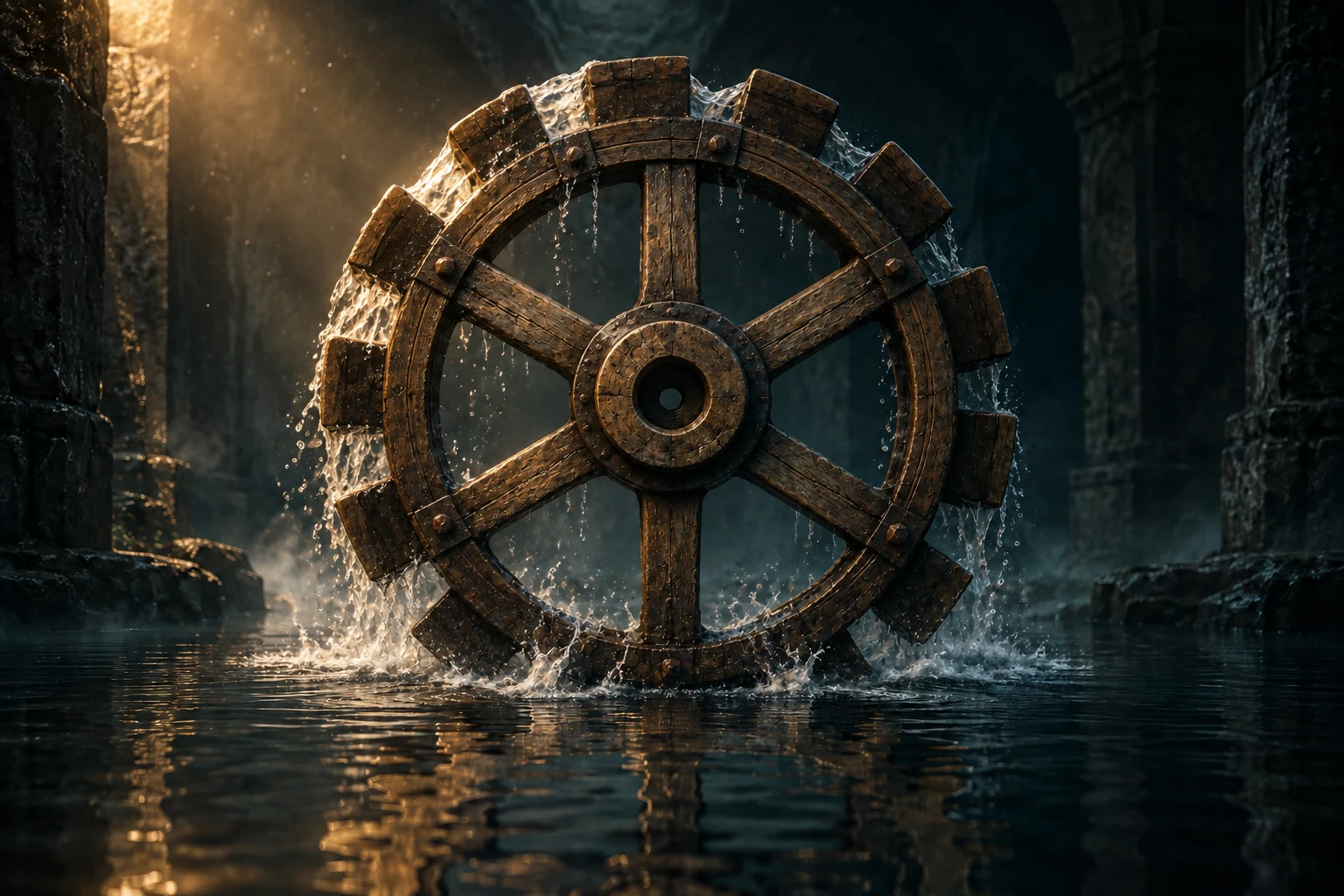 A wooden water wheel seen straight on in the same dark stone chamber