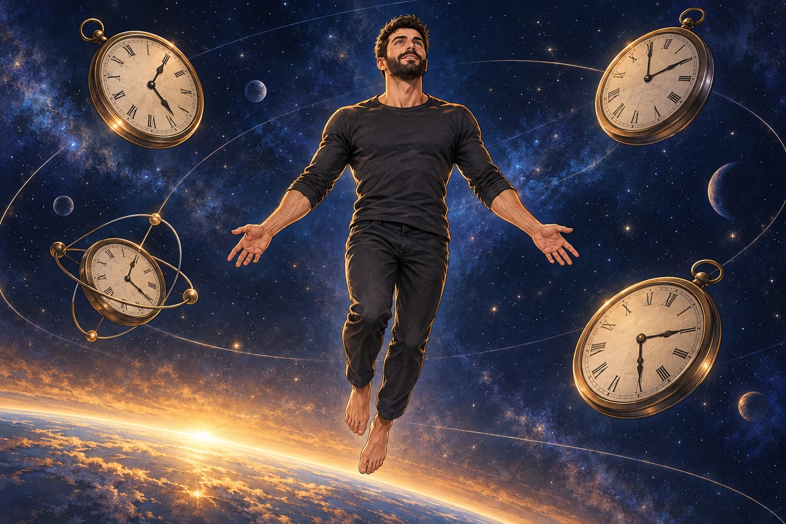 A blue-eyed man rises through a star-filled sky among clear, unwebbed clocks.
