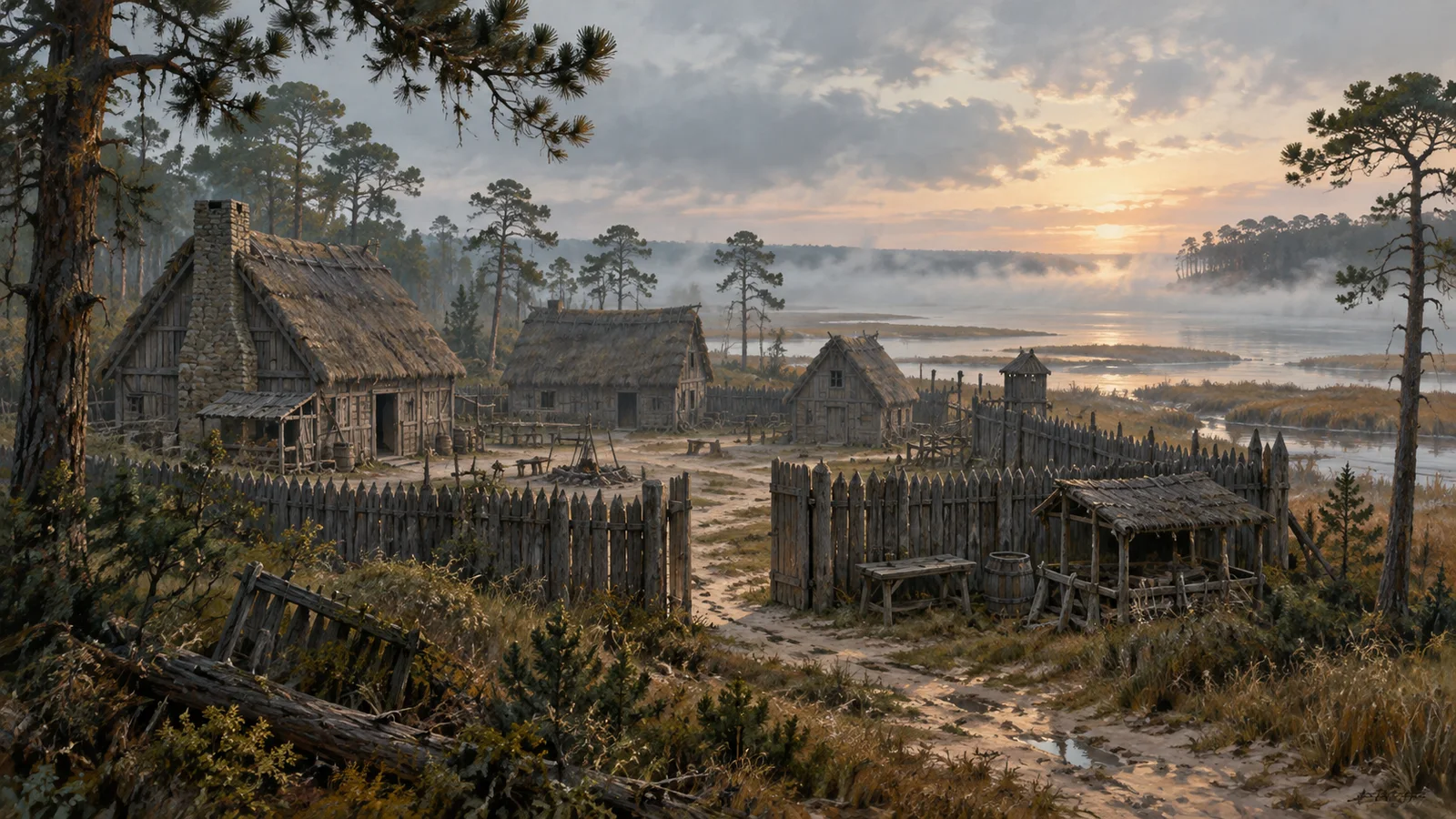 Illustration imaginée d’une colonie côtière abandonnée, avec des maisons en bois et une palissade dans la brume du matin.