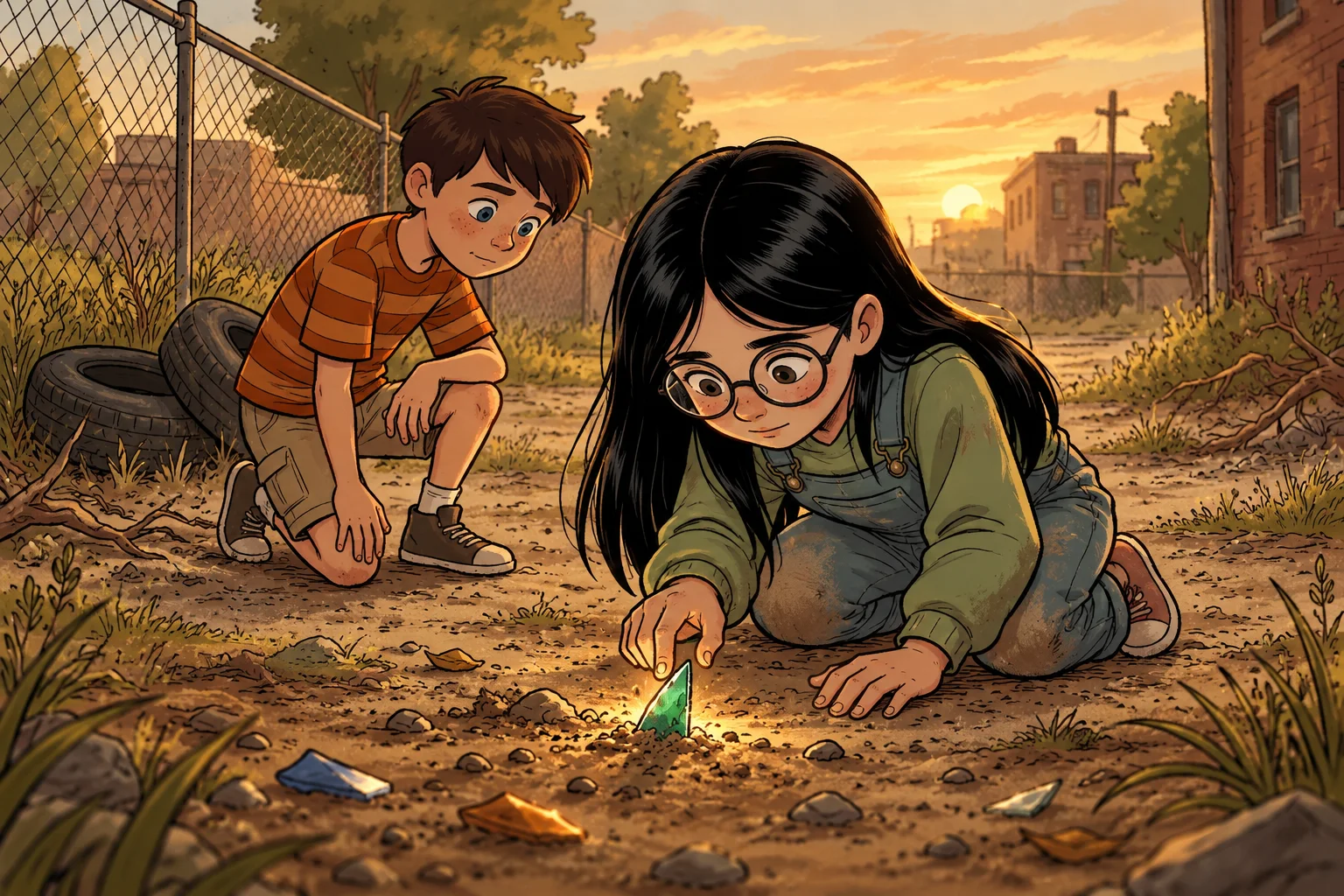 Another child discovers a shard protruding from the dirt.