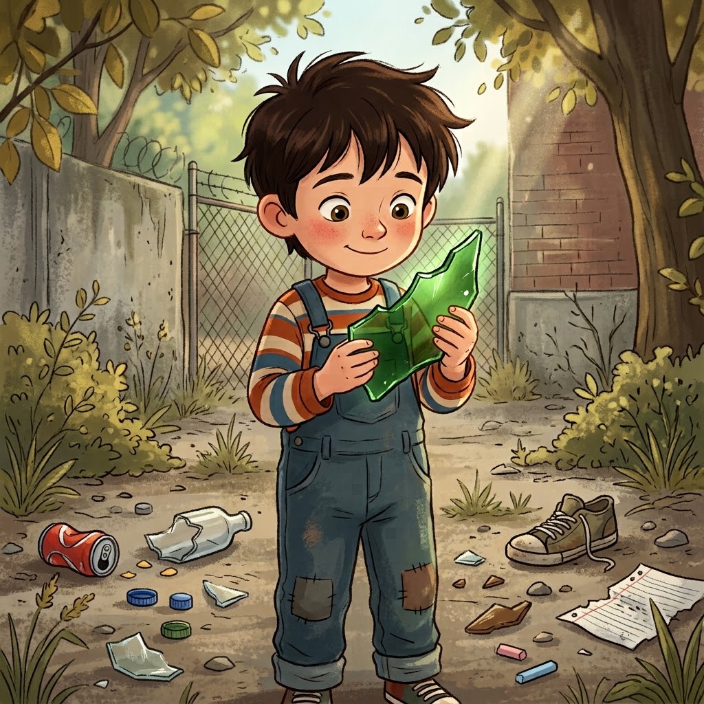 The boy holds a green glass shard.