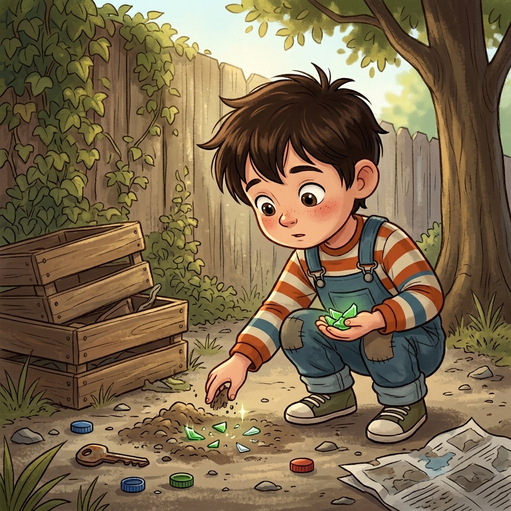 The boy searches the dirt for more shards.