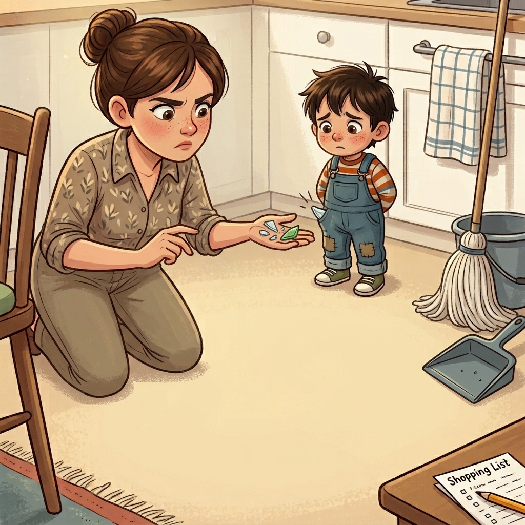 A mother warns her son about broken glass.