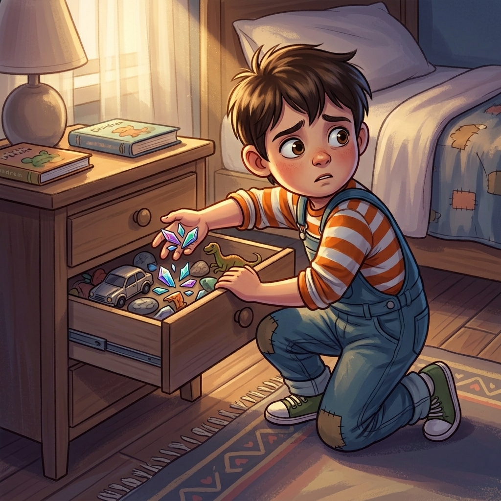 The boy hides glass in a nightstand drawer.