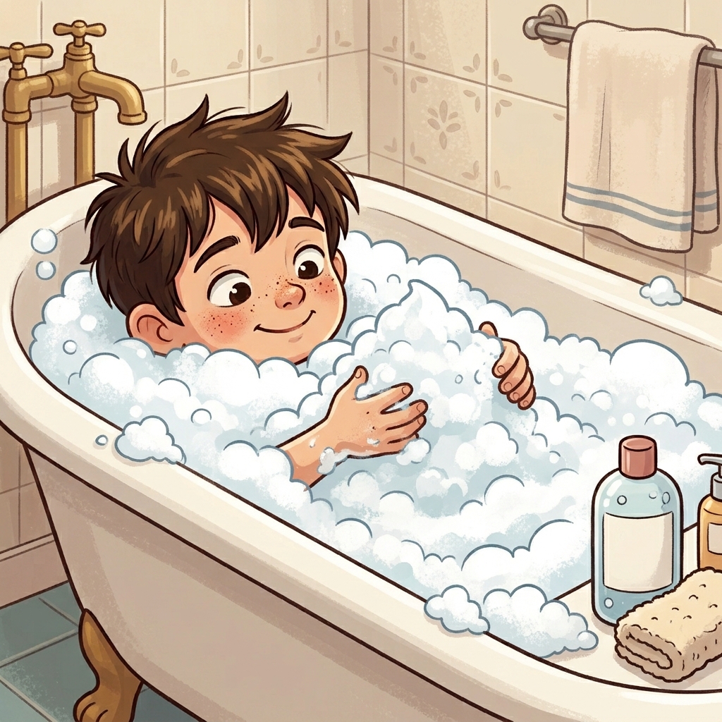 The boy makes shapes from the bubbles in his bath.