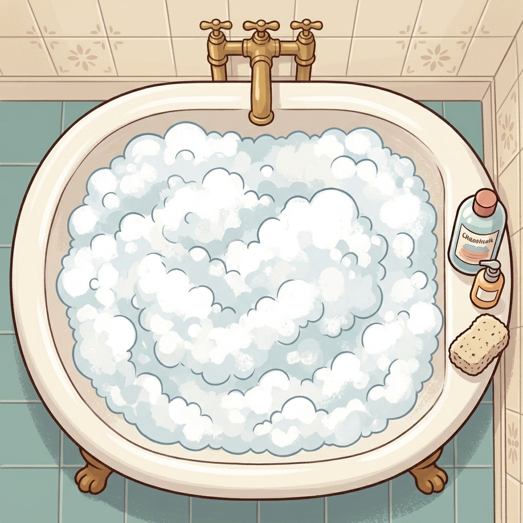 A bathtub seen from above, filled with foam.