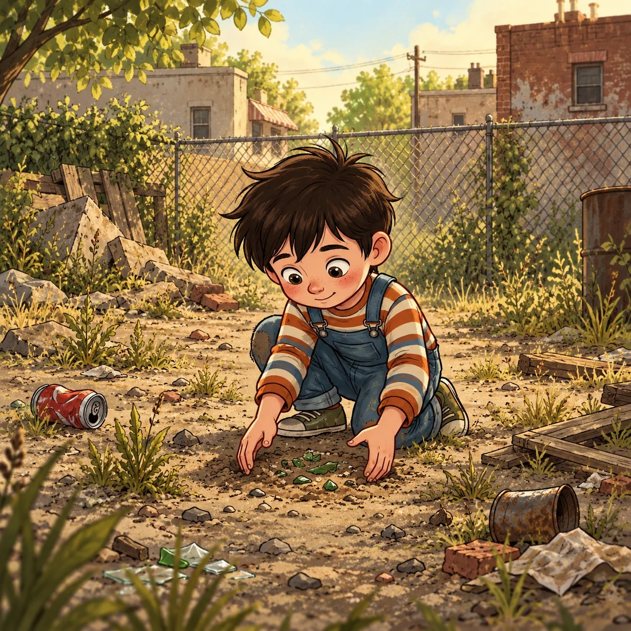 A boy searches the edge of a dusty vacant lot.
