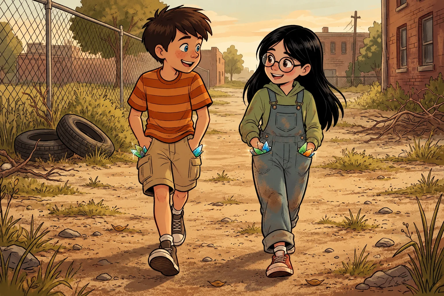 The two children walk with pockets full of colored glass.
