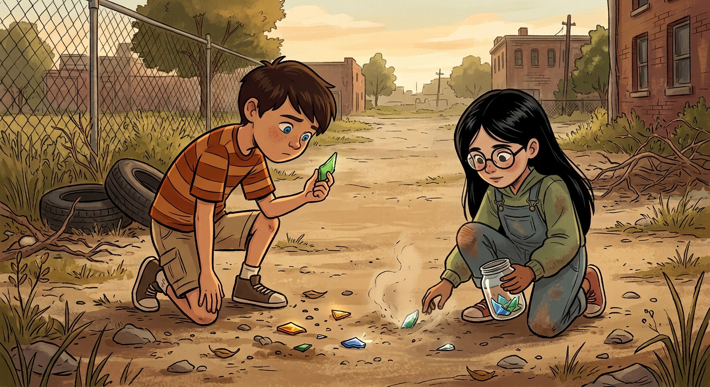 Two children gather colored glass together.