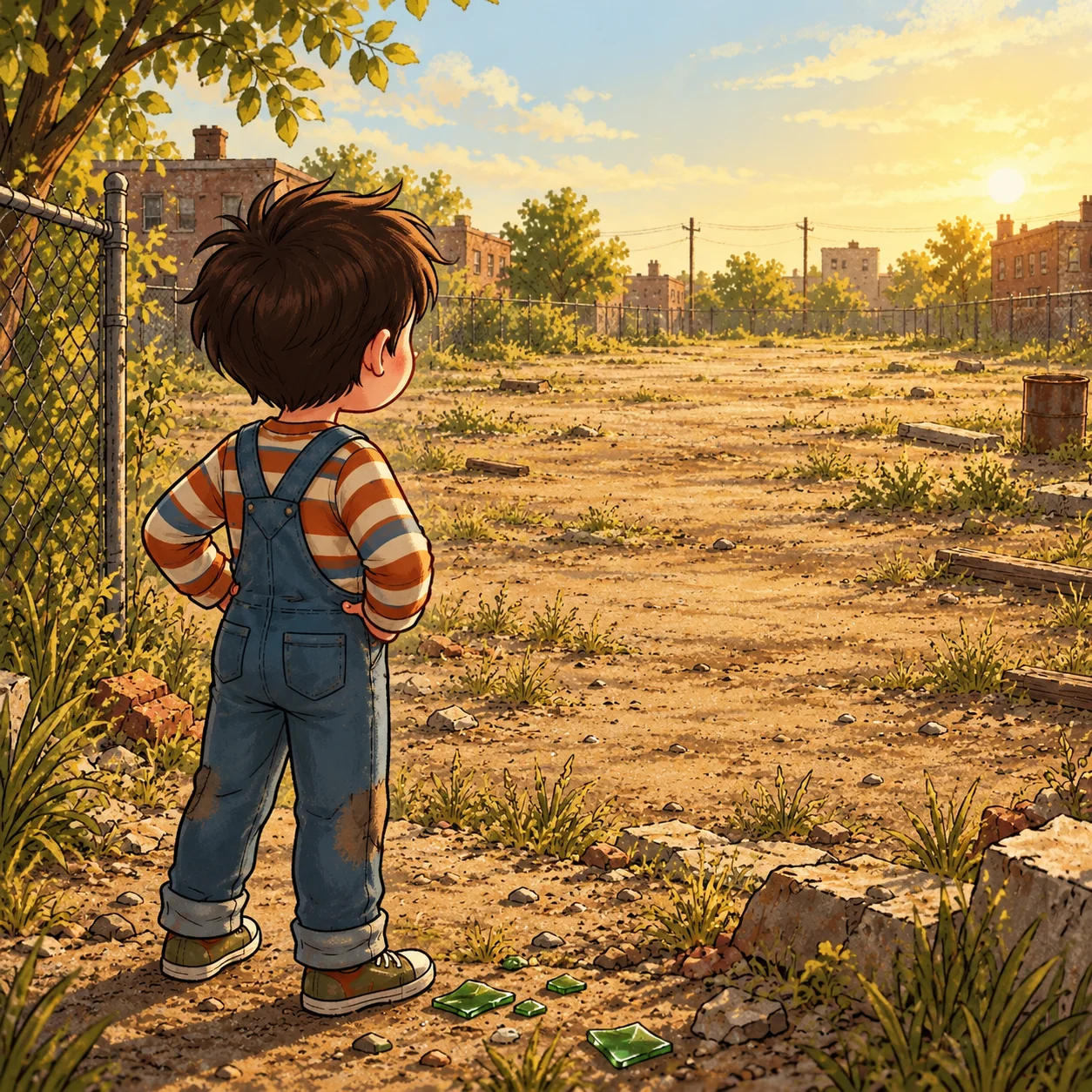 The boy surveys an expanse of uncharted soil.