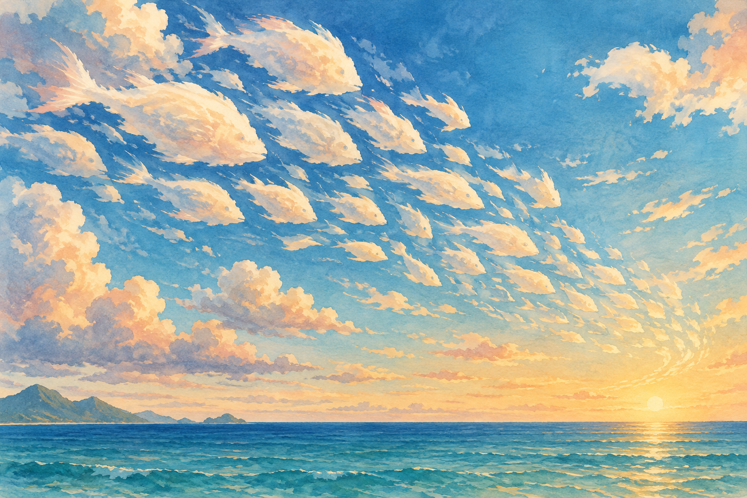 Peach-and-ivory clouds form a school of fish swimming together through the sky above the sea.