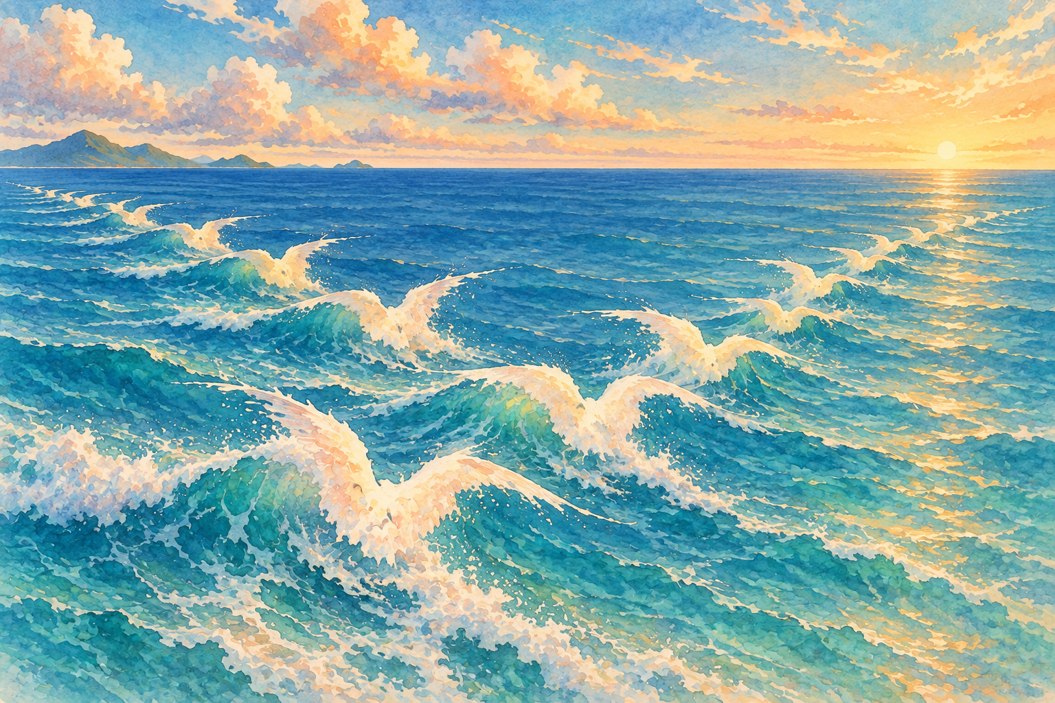 Birdlike whitecaps cross turquoise water in a broad V-shaped skein.