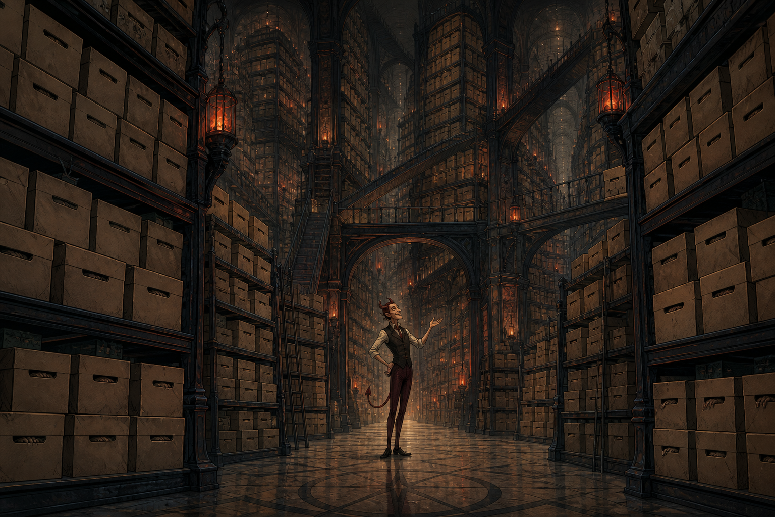 A devilish archivist in endless infernal halls filled with boxes.