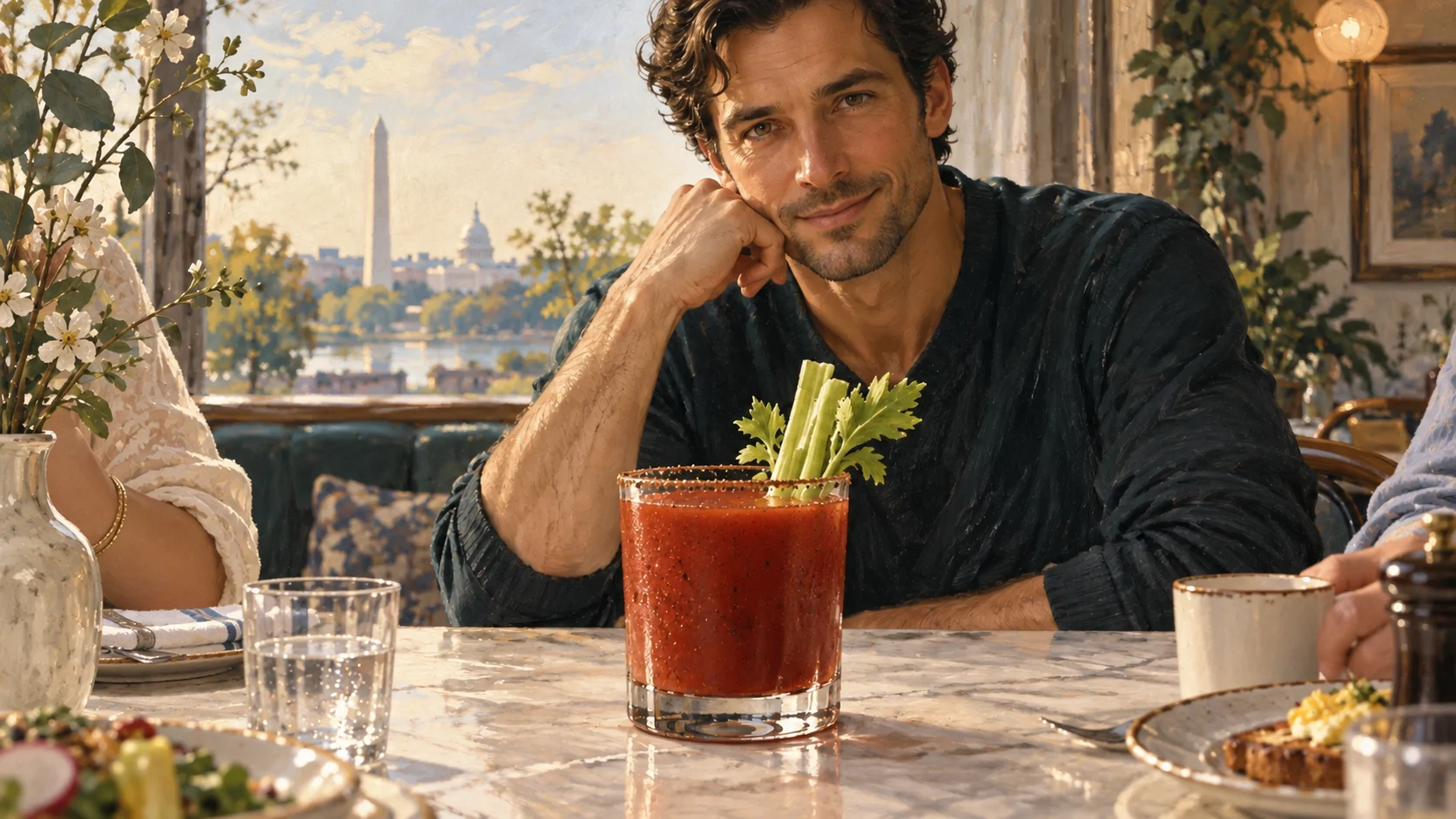 Illustrated group brunch: a man gives us a flirtatious glance across an ice-free Bloody Mary.