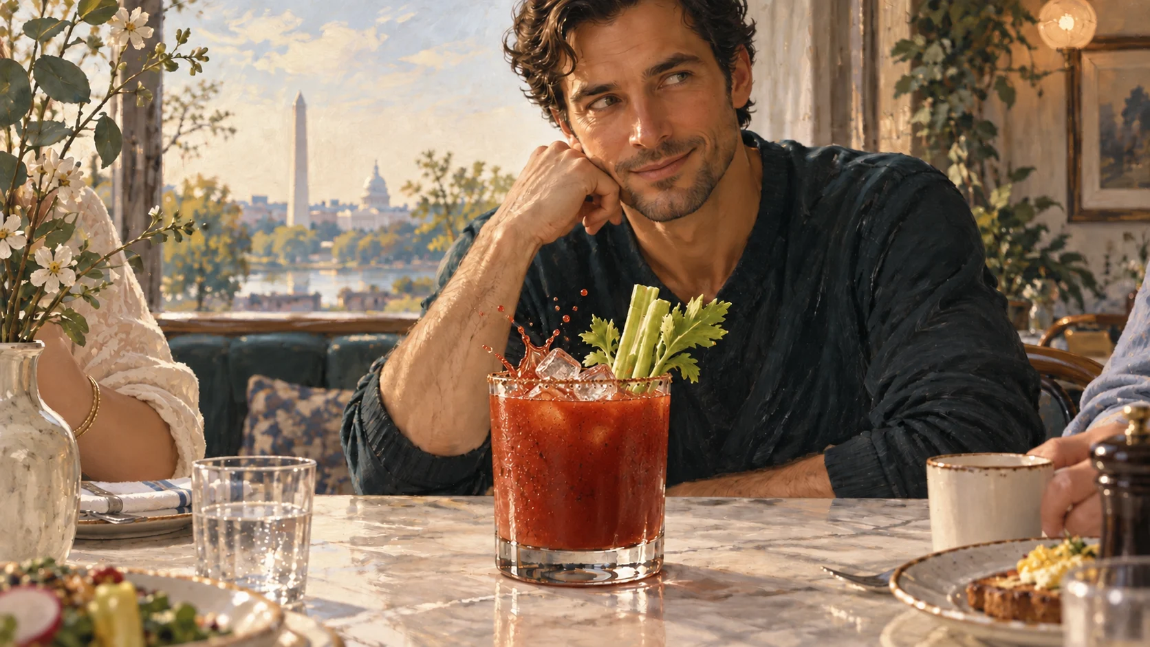 The same scene: only his eyes shift aside as ice splashes into the Bloody Mary.
