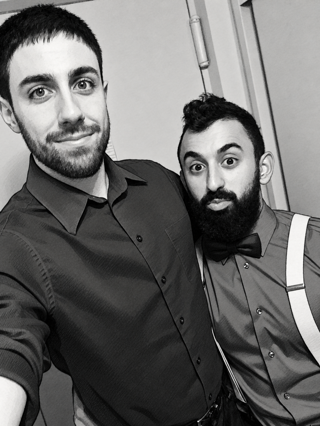 A lightly illustrated black-and-white photograph of the author with J.H., who wears a bow tie and suspenders.
