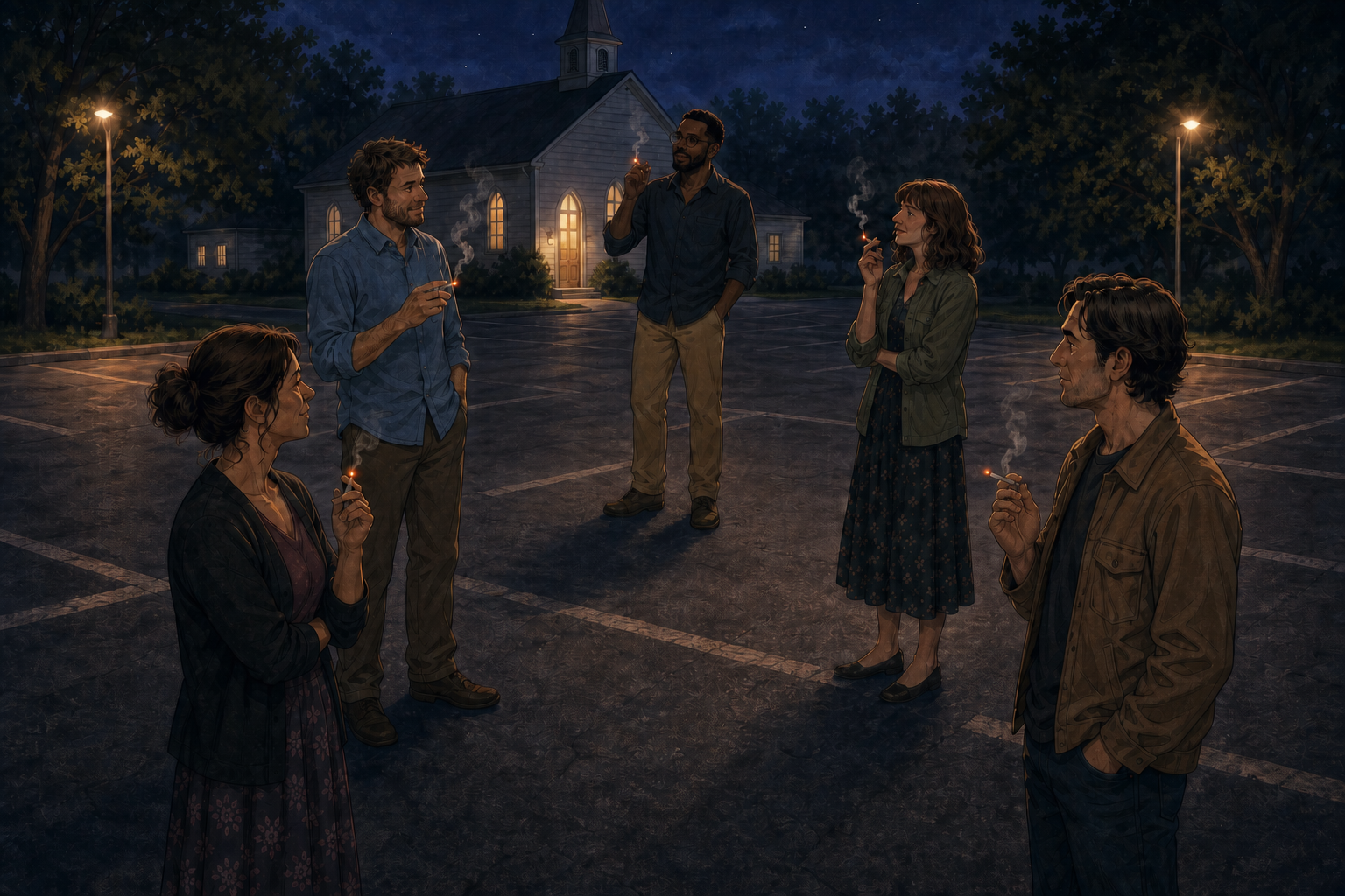 Five adults smoking and talking in a church parking lot at night.
