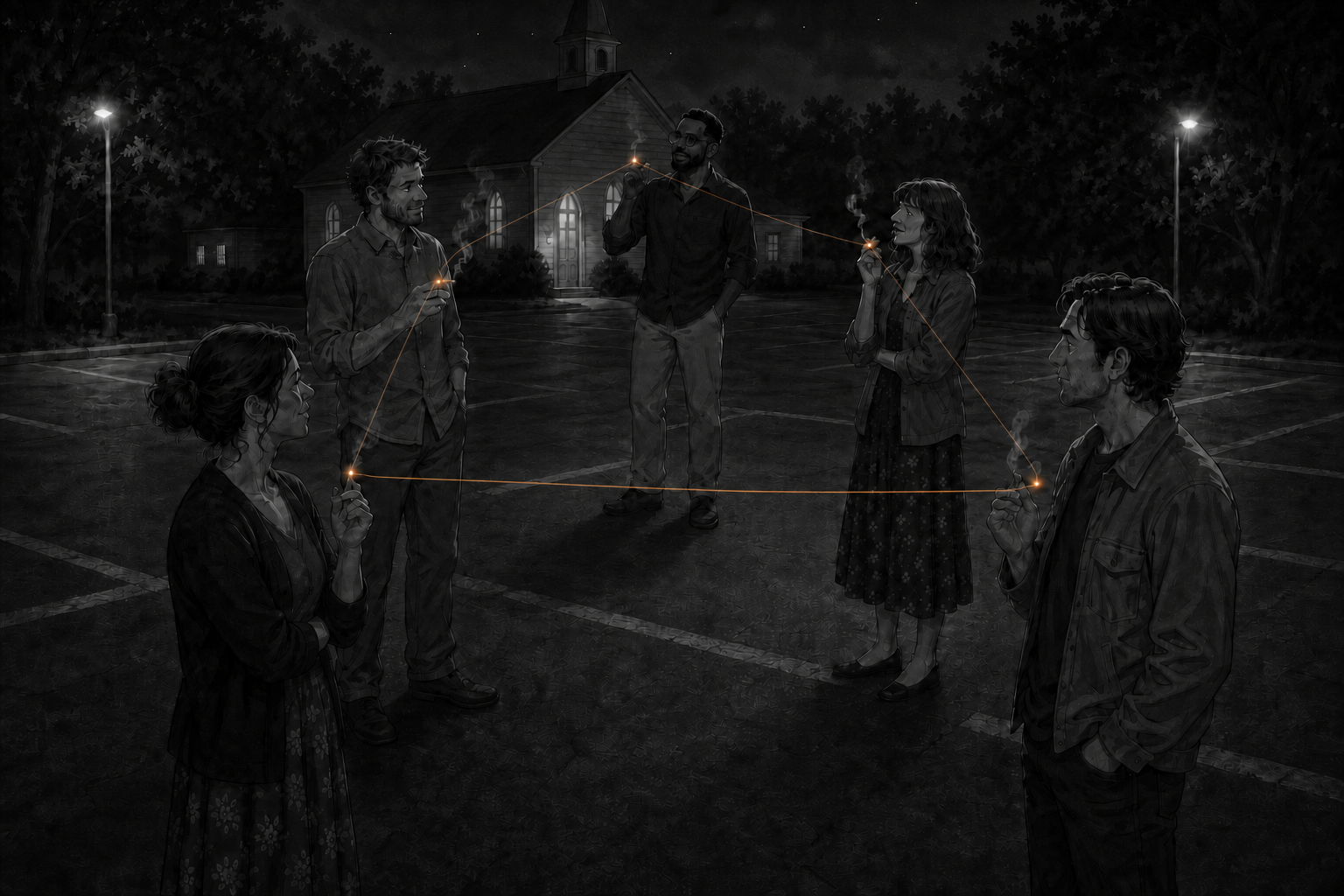 The same scene in black and white, with the five cigarette tips glowing and connected by a faint pentagon.