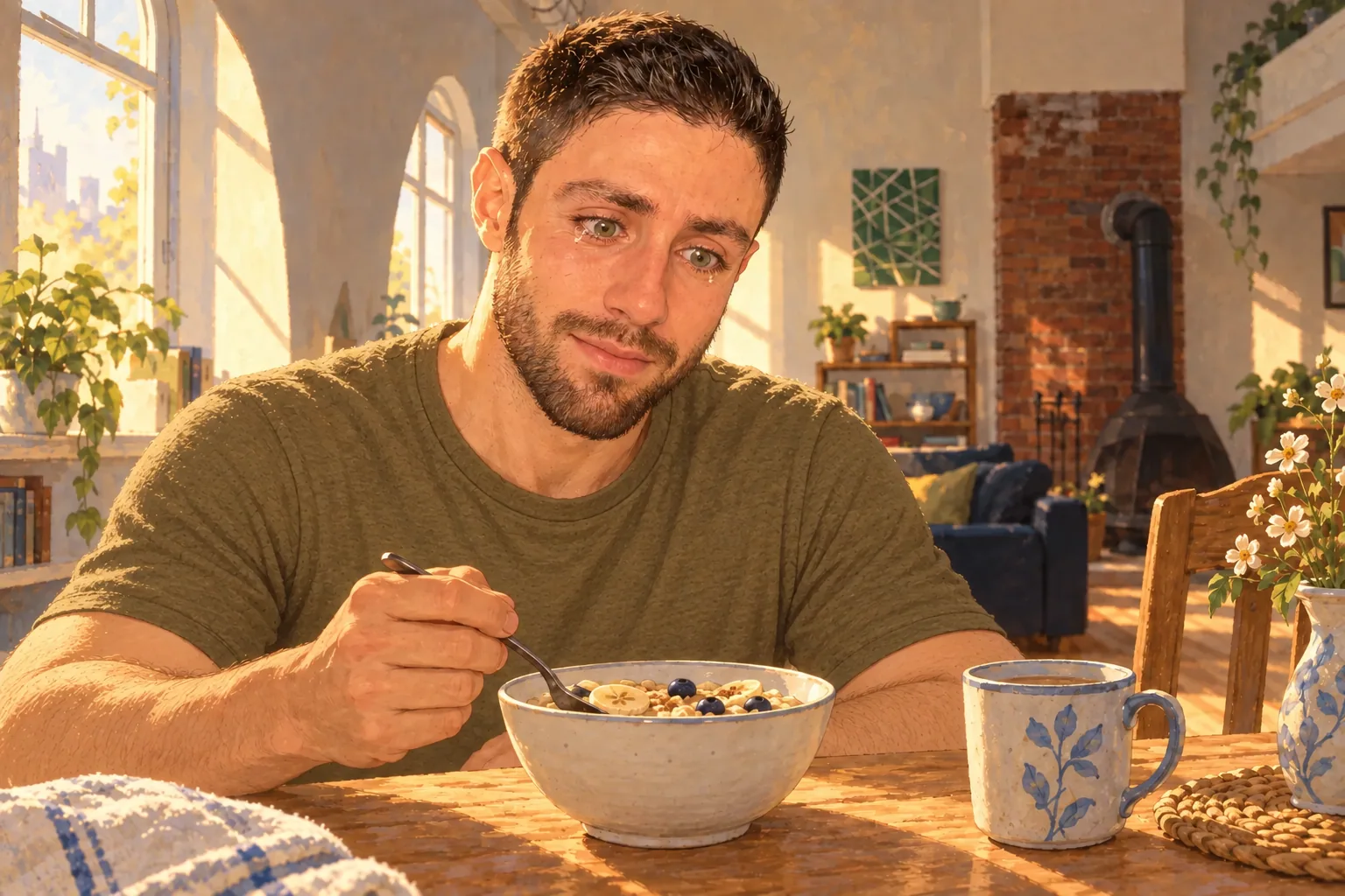 A man in a green shirt, overwhelmed with feeling, sits over a bowl of oatmeal in warm morning light.