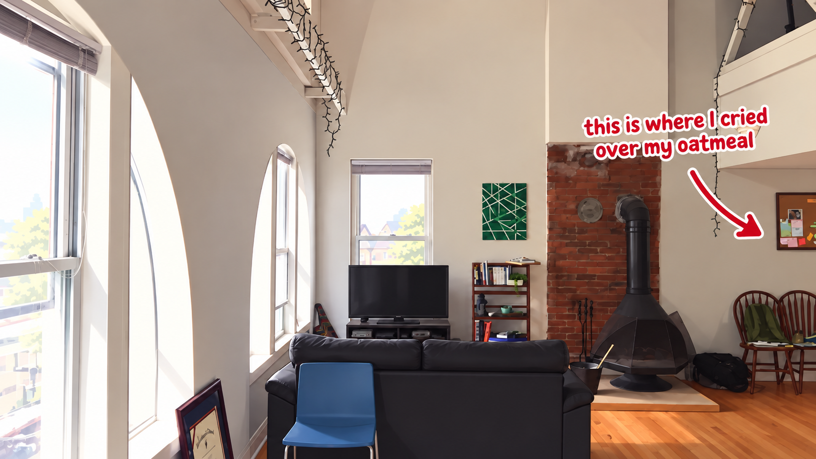 A slightly cartoonified view of a bright New Haven apartment, with an arrow marking where the author cried over his oatmeal.
