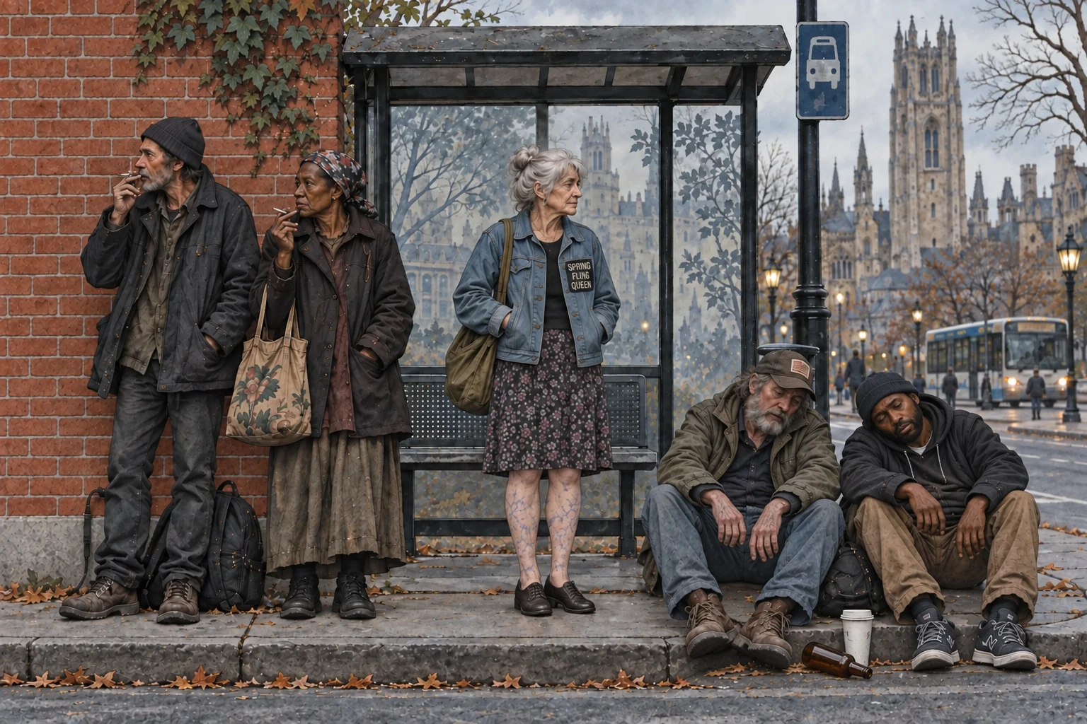 Beside an ordinary red brick wall, two people smoke on the left, an older woman in a longer skirt wears a Spring Fling Queen jacket, and two men sit on the curb.